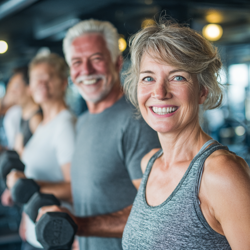 Група от хора на възраст 50-60 години правят силови упражнения в модерна фитнес зала с усмивки на лицата си