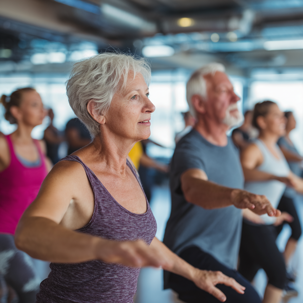 Група от хора на възраст 50-60 години участват в групово заниматие по аеробика в просторна фитнес зала с естествена светлина