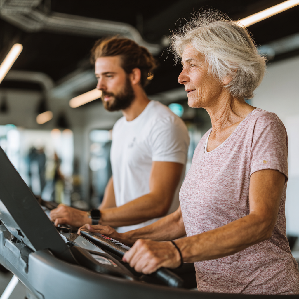 Възрастна жена на 55 години прави кардио упражнения на бегаща пътечка в модерна фитнес зала с професионален треньор до нея