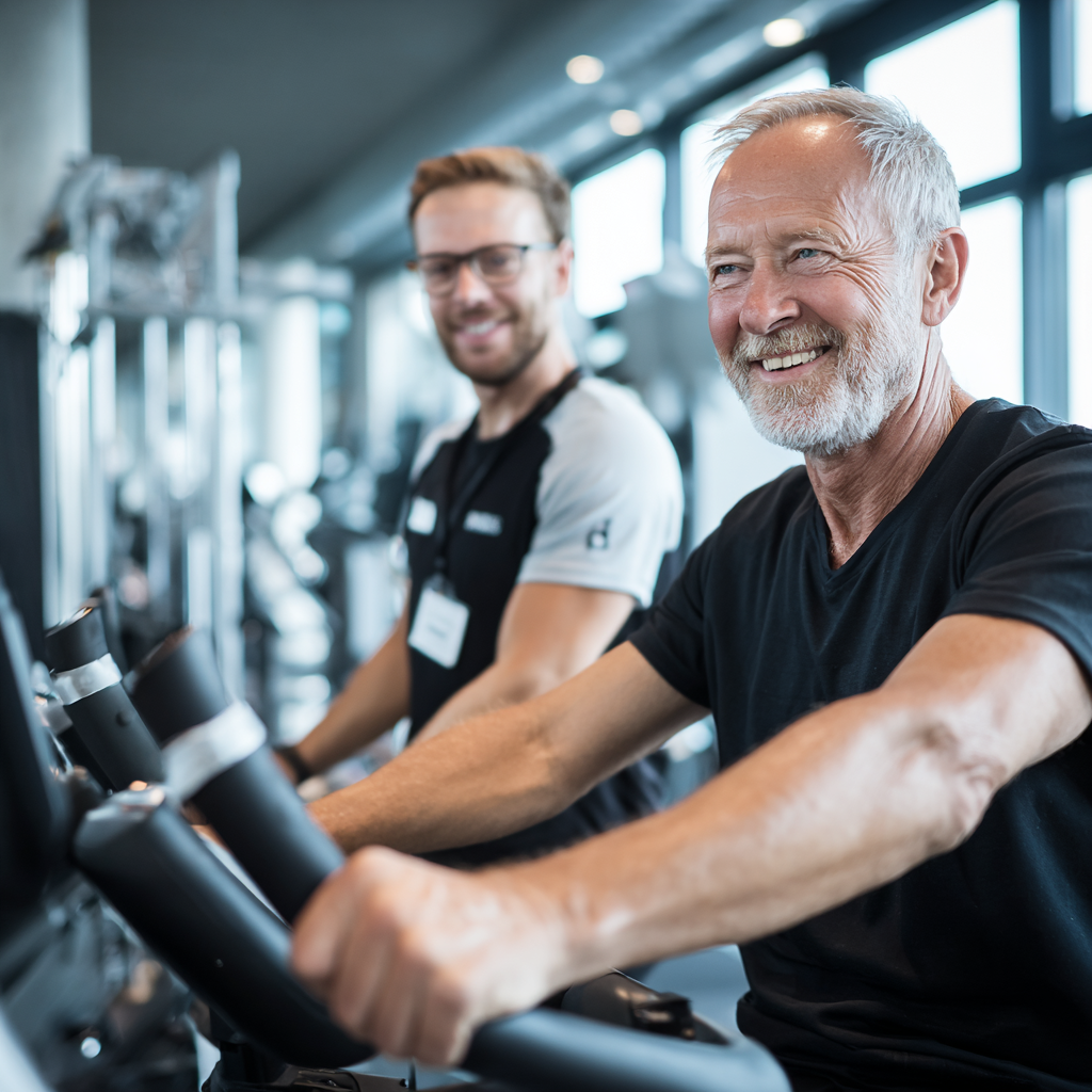 Усмихнат мъж на 60 години по време на първата си тренировка с персонален треньор в светла и модерна фитнес зала